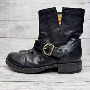 Fiorentini + Baker Womens size 37 Black Leather Buckle Moto Biker Boots Side Zip